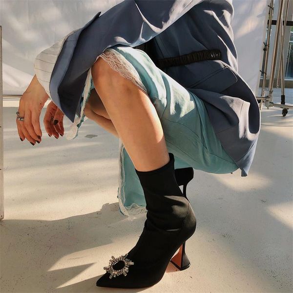 

boots scarpe donna winter women ankle black pointed toe short crystal flower high heels stretch ladies shoes woman botas mujer