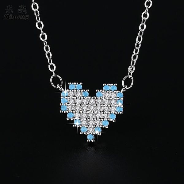 

pendant necklaces mimeng personality necklace heart with pink and white cubic zirconia simple sweet women's clavicle chain, Silver