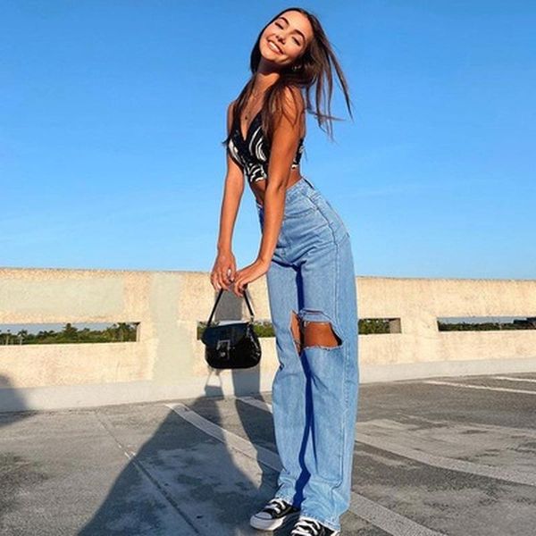 

women's jeans weiyao fashion casual high street loose hole solid cotton blue women spring summer wild basic soft female trousers