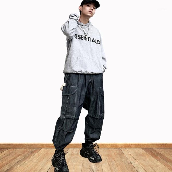 

fashion overalls men's loose radish trousers high street cotton denim contrast line casual pants, Black