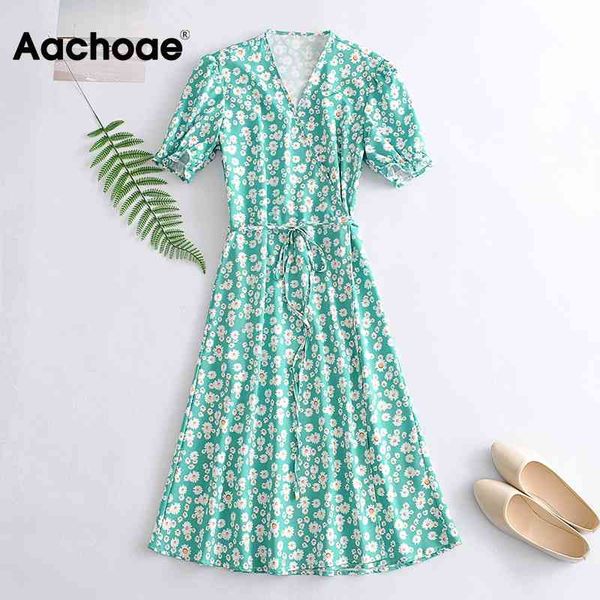 

aachoae v neck floral print dress butterfly short sleeve casual midi dresses bandage wrap knee length beach dress women vestidos 210413, Black;gray