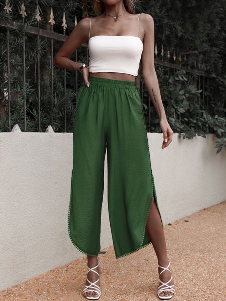 

contrast trim split side wide leg pants j9lp#, Black;white