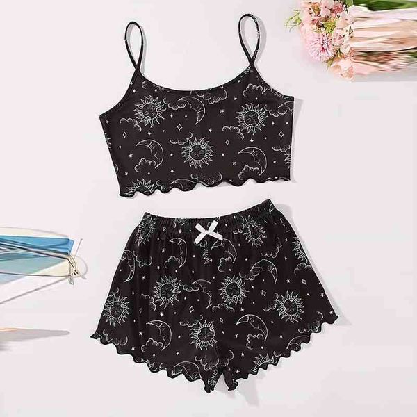 

set summer crop womens sleepwears shorts outfit leopard floral print camisole pants home pajamas female, Black;red