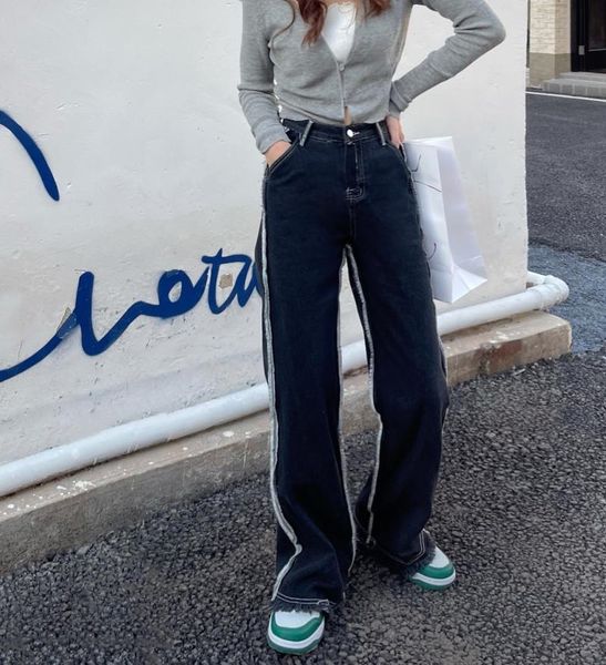 

women's jeans fleece autumn and winter retro washed broken stitching loose high waist straight brushed women casual, Blue