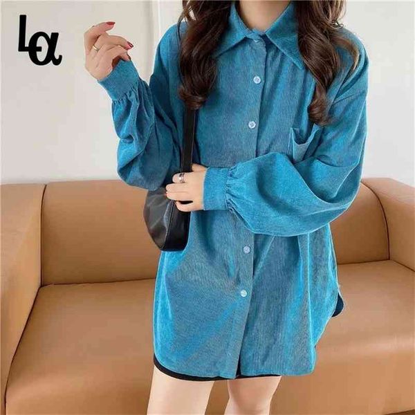 

women solid pocket lantern sleeve blouse female loose blue casual corduroy shirt lady turn down collar korean 210519, White