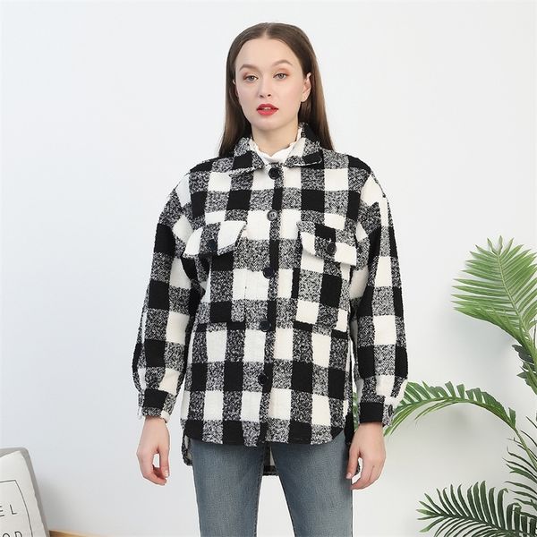 

autumn and winter new black and white plaid single breasted coat long sleeve tweed plaid coat casual loose coat jacket, Black;red