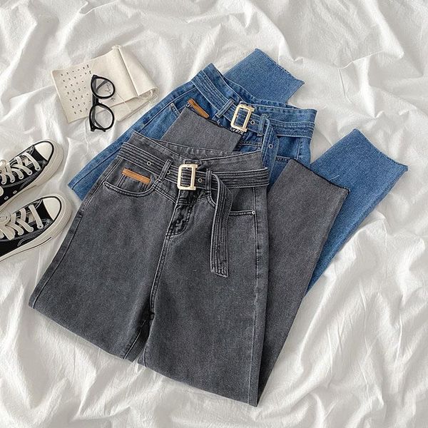 

women's pants & capris early autumn korean women jeans all-match slim high waist girl straight leg edge trousers belt, Black;white