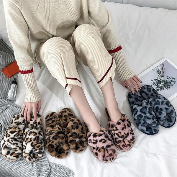 

fashion leopard flock women slippers winter warm peep toe cross plush ladies multicolor faux fur flat home shoes, Black