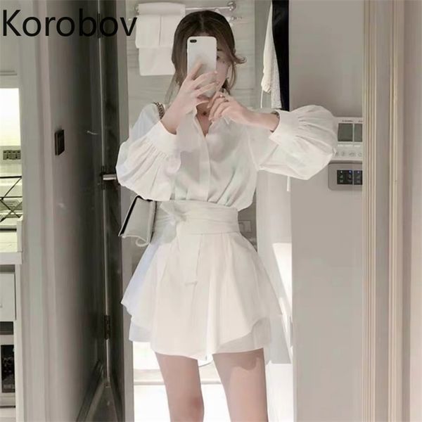 

korobov women korean beach style suits long sleeve ol sashes lacing bow blouses + short 2 piece set outfits 78358 210721, White