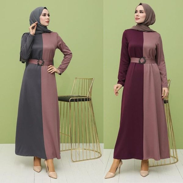 

garnished belt dress polyester fabric plain unlined long sleeve zero collar seasonal women muslim fashion hijab clothing ethnic, Red