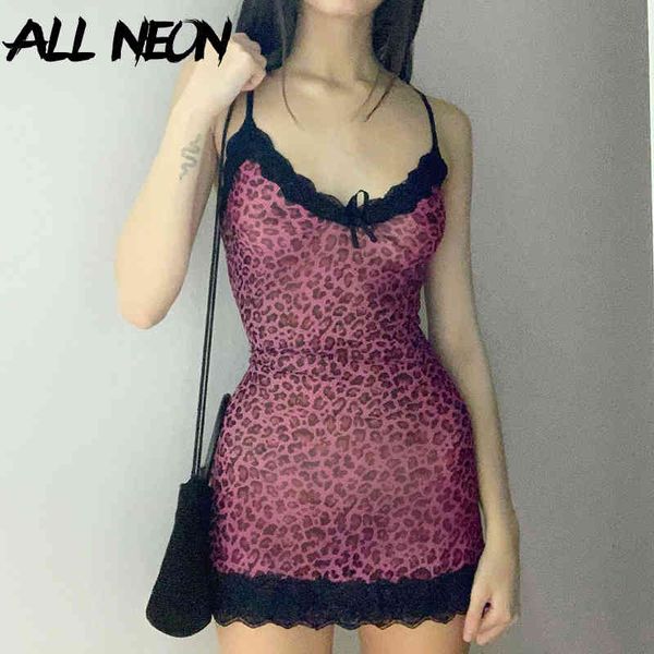 

2021allneon y2k aesthetics lace trim leopard printing party cami dresses e-girl spaghetti strap v-neck lace hem a-line mini dress, Black;gray