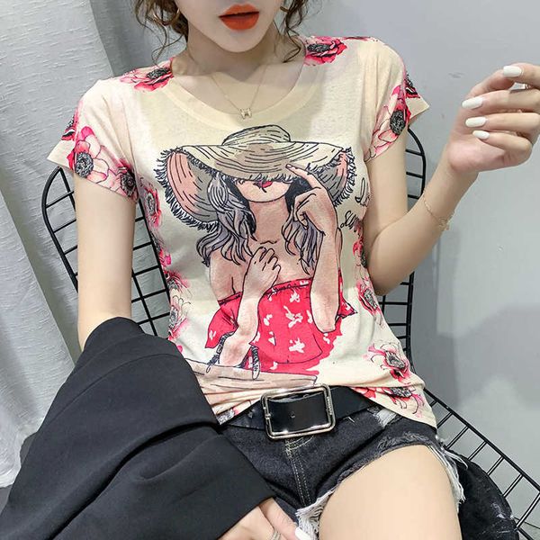 Verhellen design design básico t-shirt mulheres tops estilo coreano verão de manga curta flor impressão streetwear tshirt 210706