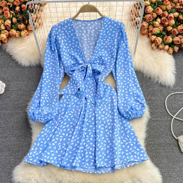 

casual dresses yornmona early autumn dress 2021 fashion self-tie knot floral print for woman v-neck short a-line summer vestidos, Black;gray