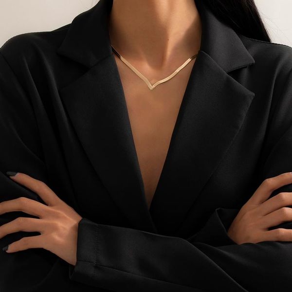 

chains v-shaped ins fashion clavicle necklace copper flat snake chain choker short collar hip punk women jewelry, Silver