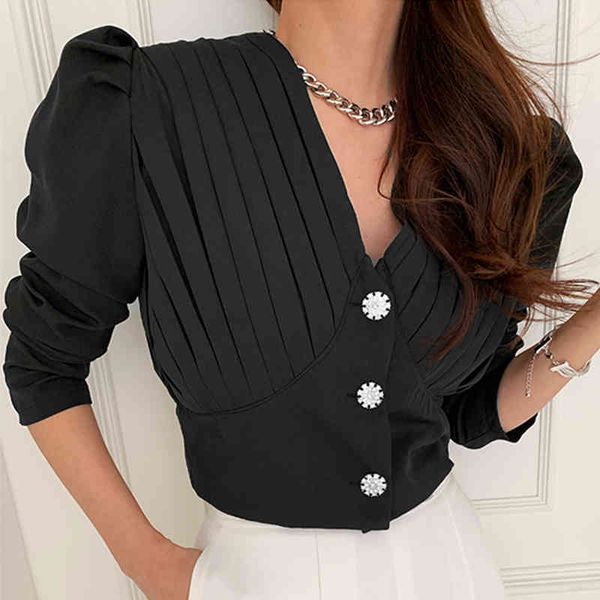 

spring women fashion elegante casual blouse single breasted v-neck long-sleeved black pleated loose shirt 8p121 210510, White