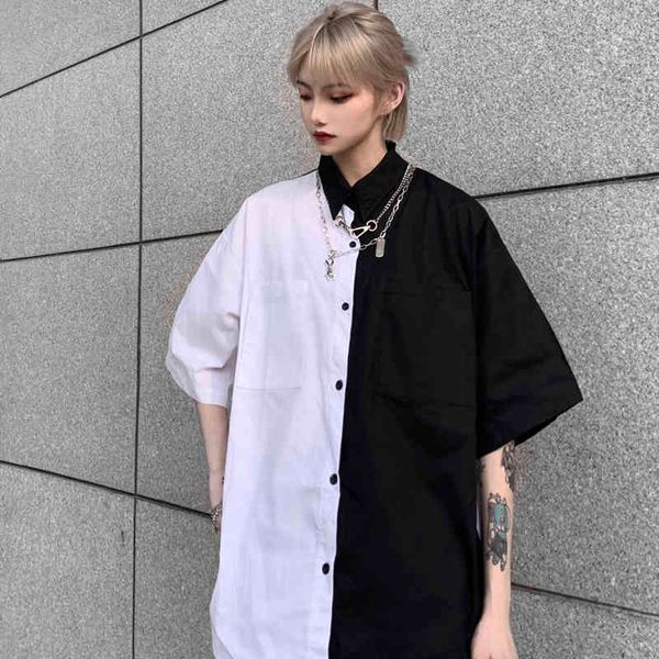 

harajuku black and white shirt female summer chiffon shirt vintage stitching shirt loose short sleeve blouse women man