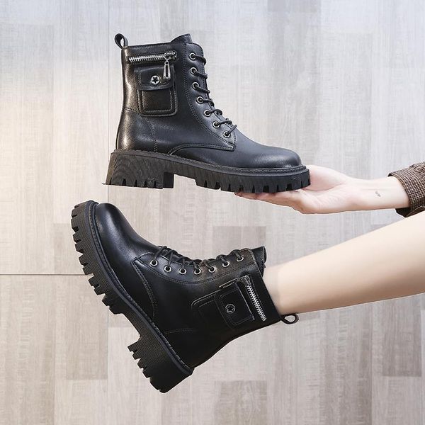 

boots 2021 black platform combat ankle for women lace up buckle strap woman shoes winter biker