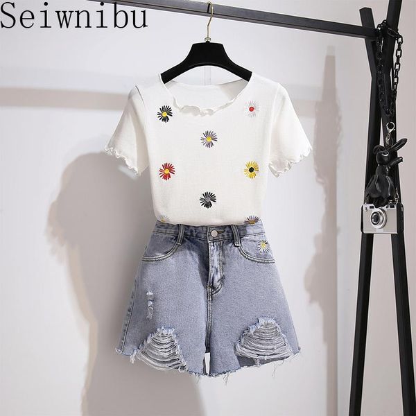 

summer two-piece sweet casual style suits fashion embroidered t-shirt denim skirt clothing set women clothes two piece dress, White