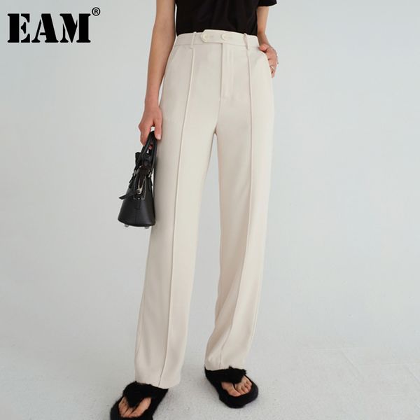 

[eam] high elastic waist beige solid color casual trousers loose fit pants women fashion spring autumn 1dd6874 21512, Black;white