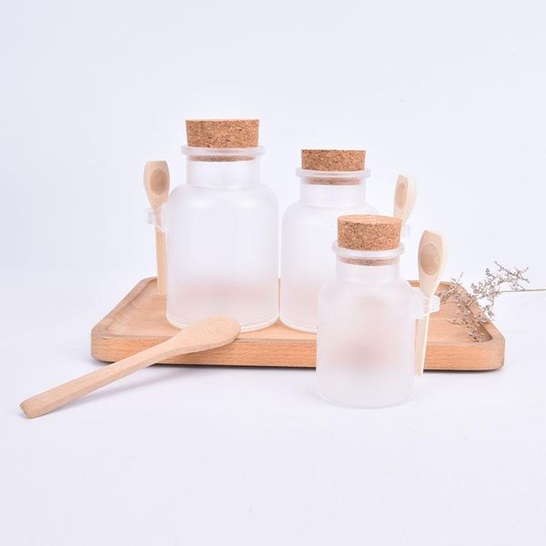 

storage bottles & jars 100ml/200ml/300ml refillable bottle empty bath salt plastic matte cork jar women mask facial container with wood spoo