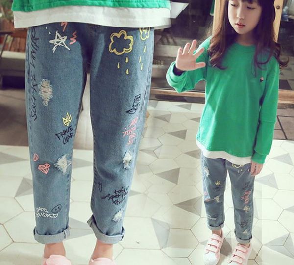 

jeans children's girls mid-waist star print baby pants clothing washed, Blue