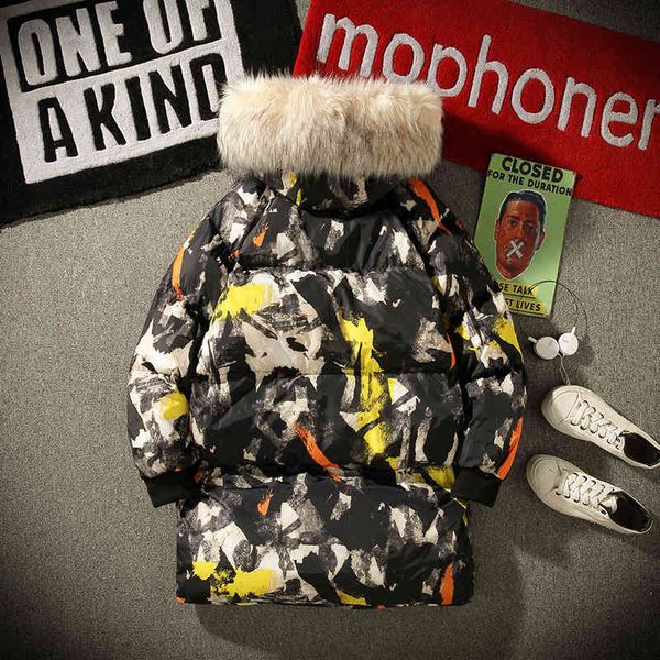 

Winter Men's Coats Harajuku Street Hip Hop Long Thick Warm Camouflage Fur Collar Hooded Jacket Male Cotton Camo Loose Parkas, Black