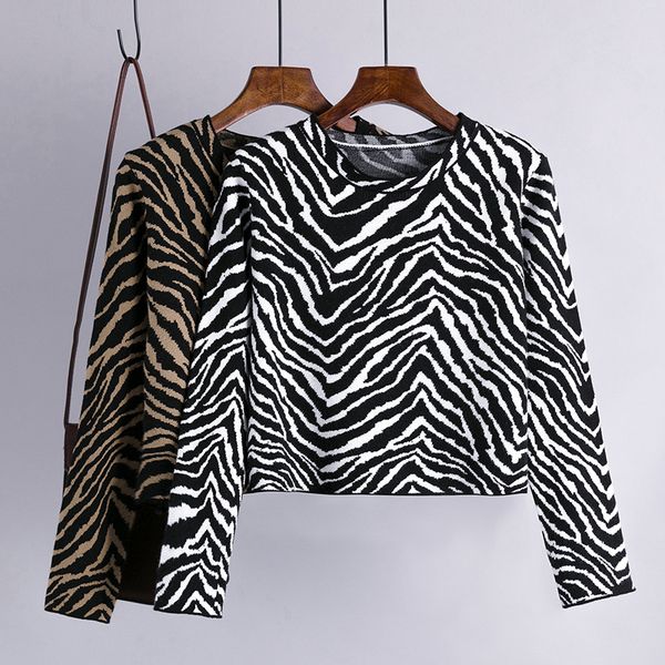 

zebra pattern knitted sweater women korean retro o neck long sleeve jumper autumn winter fashion casual loose pullovers 210419, White;black