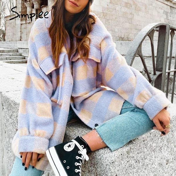 

casual plaid jacket women puff sleeve button pockets outwear female jackets spring plus size ladies long coat 210414, Black;brown
