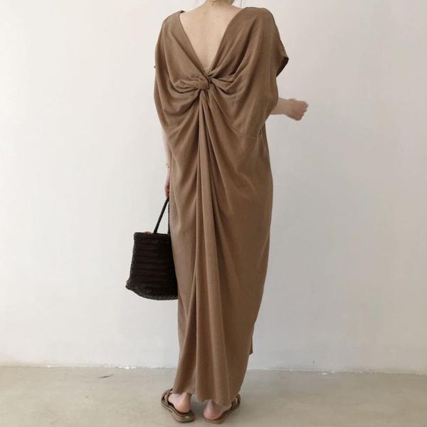 

casual dresses [ewq] women korea chic trendy simple v-neck twist front and back two wear loose apricot short sleeve dress summer 2021 16e441, Black;gray