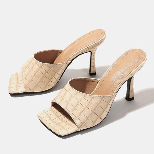 

brand design women slippers elegant square toe thin high heels 9cm summer outdoor beach slides shoes, Black