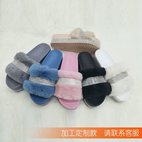 

slippers sandals net red diamond plush slippers for women to wear outside new flat bottom anti slip plush indoor floor slippers for autumnzl, Black