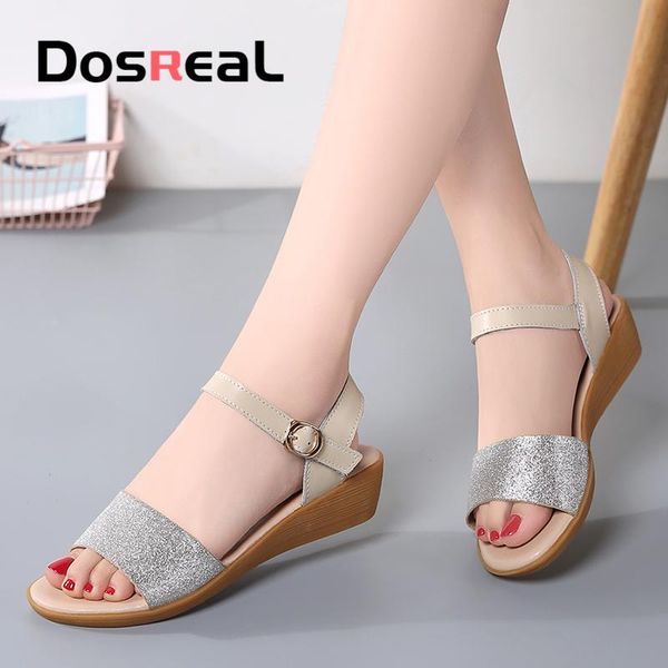 

dosreal women summer sandals ladies leather flat wedge peep toe platform flats shoes female slippers footwear, Black