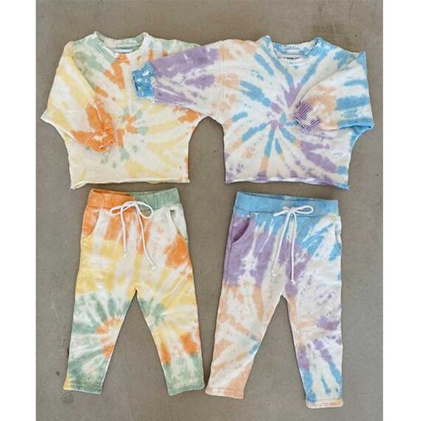 

autumn baby girls clothes long sleeve tie dye print pullover sweatshirt+long pants toddler kids children tracksuits clothing set x0902, White