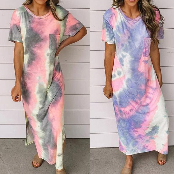 

casual boho beach dresses womens tie-dye printed o-neck party summer maxi dress split short sleeve loose long 2021, Black;gray
