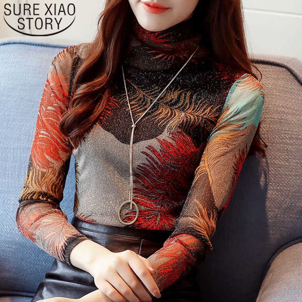 

autumn fashion women blouses casual printed elegant women clothing long sleeve turtleneck women office lady 5622 50 210528, White