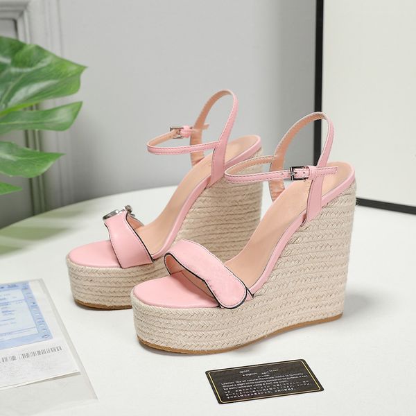 

2021 designer fashion women's slope heel sandals leather material hemp rope woven sole waterproof platform design luxury custom logo 35, Black