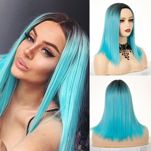 

synthetic wigs ombre straight blue wig middle part short bob hair 14" shoulder length with dark roots cosplay costume for women, Black
