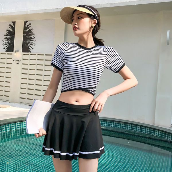 

women's swimwear korean style graceful swimsuit sports conservative navy split skirt striped bikini two-piece spring kwk0, White;black