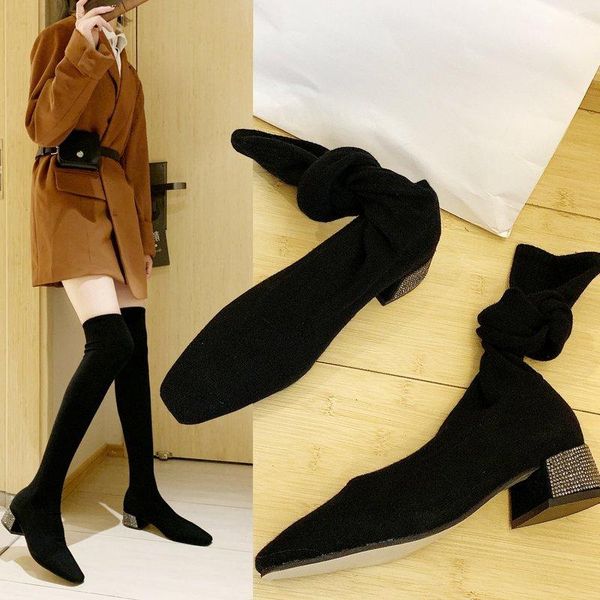 

elastic soft socks boots crystal stretch fabric over-the-knee for women high heels square heel thigh women's, Black