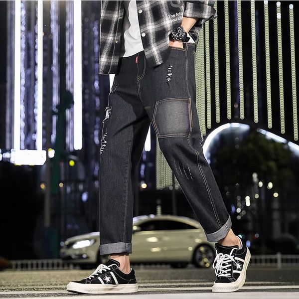 

japanese streetwear blue jeans for men hip hop man 2021 summer designer brand pants male trouser elastic waist casual pant men's