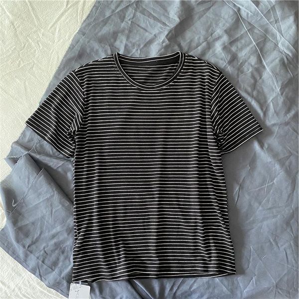 

women's t-shirt summer casual striped round neck short sleeve, White