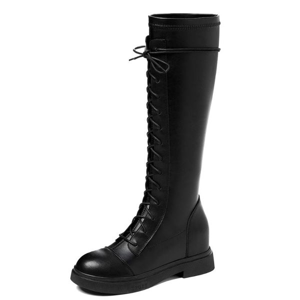 

boots round toe microfiber leather cross straps with increased square heel motorcycle street fashion knee-length women's, Black
