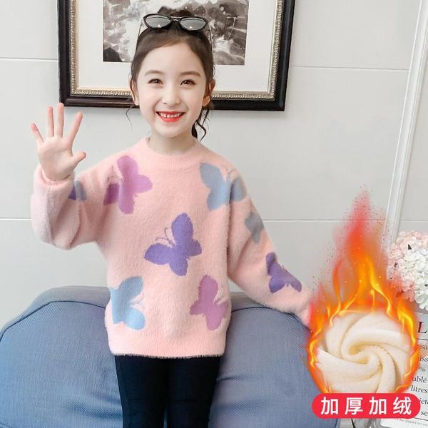 

pullover girls sweater kids coat outwear 2021 butterfly plus velvet thicken warm winter autumn fleece children's clothing, Blue