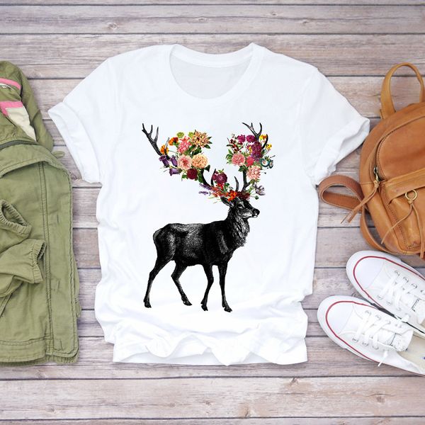 

women's t-shirt women summer deer animal christmas flower lady fashion print t-shirts t shirt ladies womens graphic female tee, White