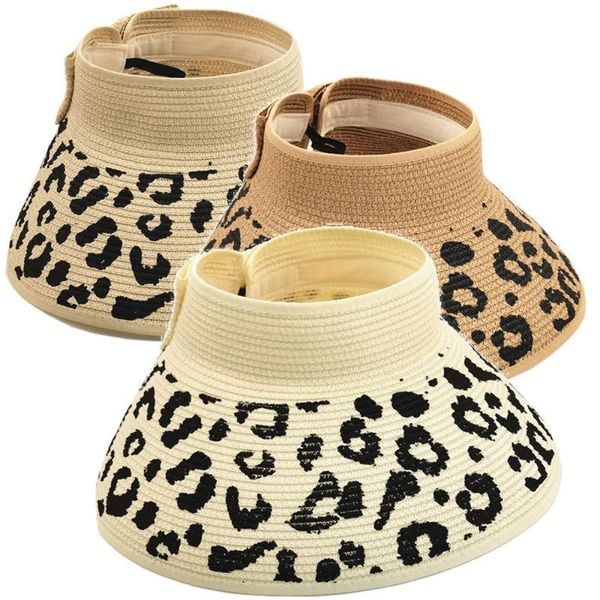 

wide brim hats 3pcs women sun visors foldable packable beach hat straw leopard roll up bow visor, Blue;gray