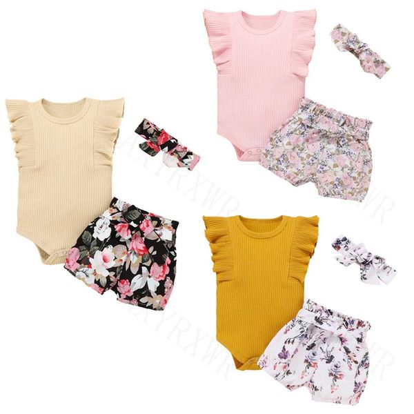 

clothing sets summer born baby girls clothes ruffles sleeveless knitted bodysuits +floral print bowknot shorts+headband cotton outfits, White