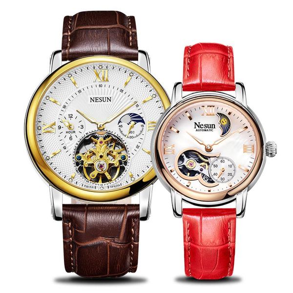 

nesun couple automatic fashion casual wristwatches skeleton mechanical movement moon phase leather lovers wedding gift clock, Slivery;brown