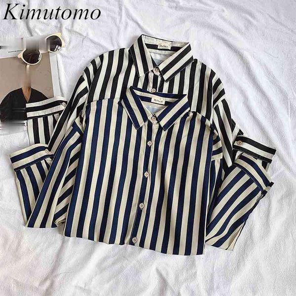 

kimutomo striped shirt female hong kong style spring fashion girls long sleeve single breasted chiffon blouse casual 210521, White