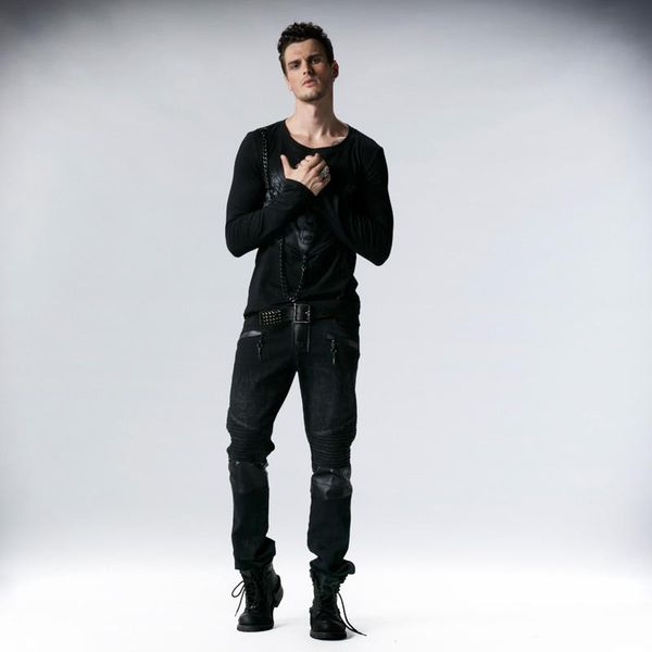 

men's pants 2021 man long trousers with twill fabrics and offset printing on the knee punk casual leather stitching zipper, Black
