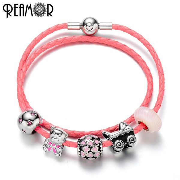 

charm bracelets reamor pink genuine leather braided chain women heart cartoon bear star beads jewelry for gift, Golden;silver